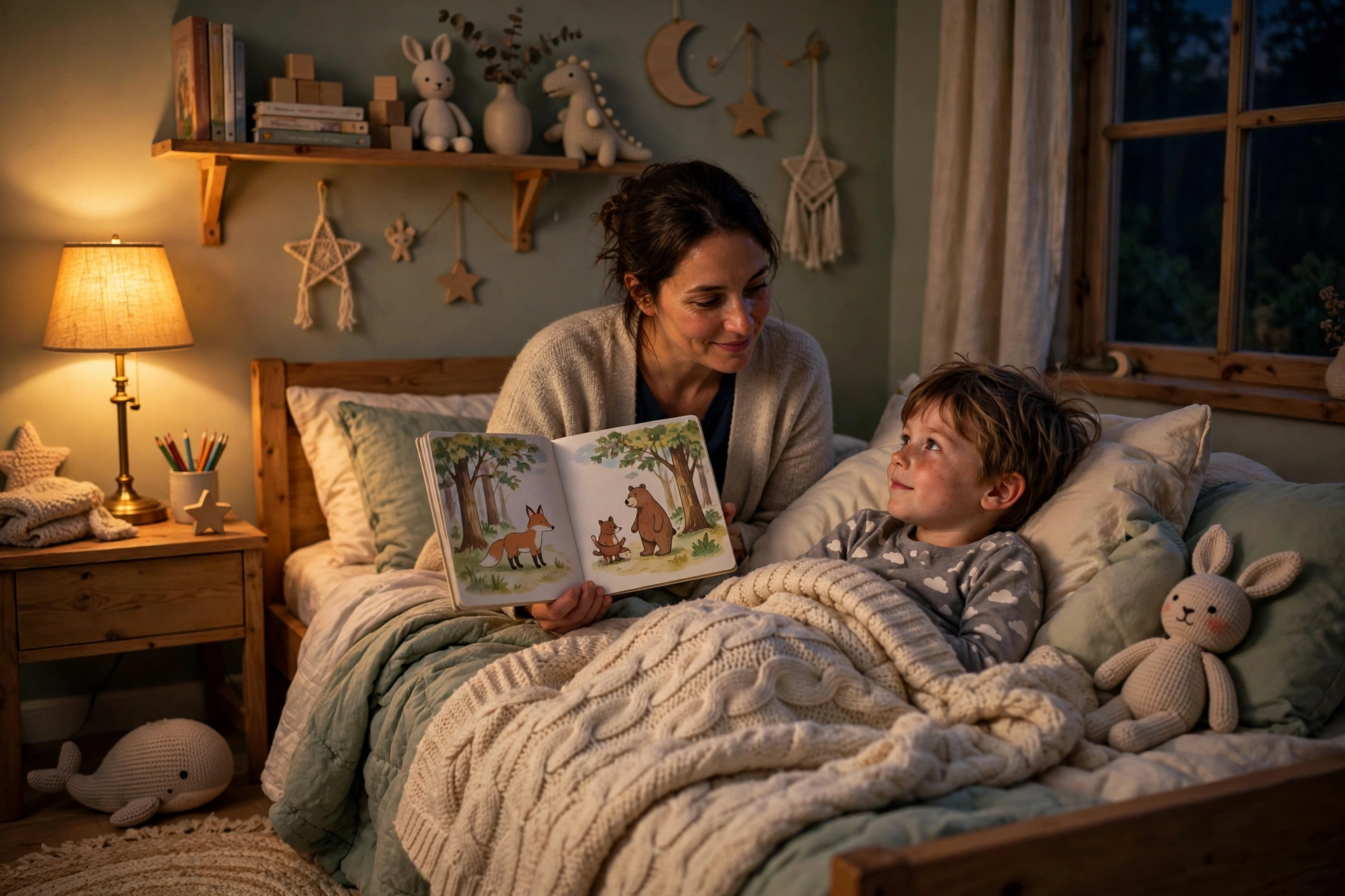 Parent reading a storybook to a child tucked into bed in a cozy dark bedroom with a warm lamp