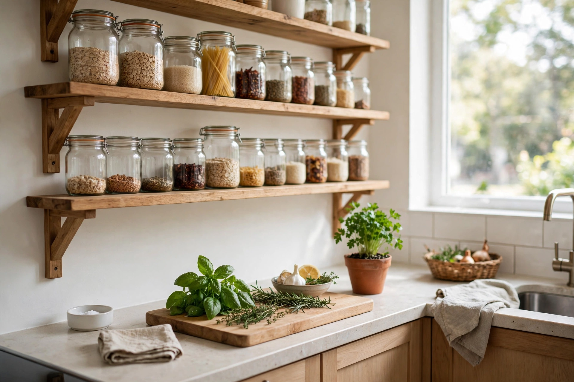 Small organized kitchen with open shelves, labeled glass jars and tidy countertops