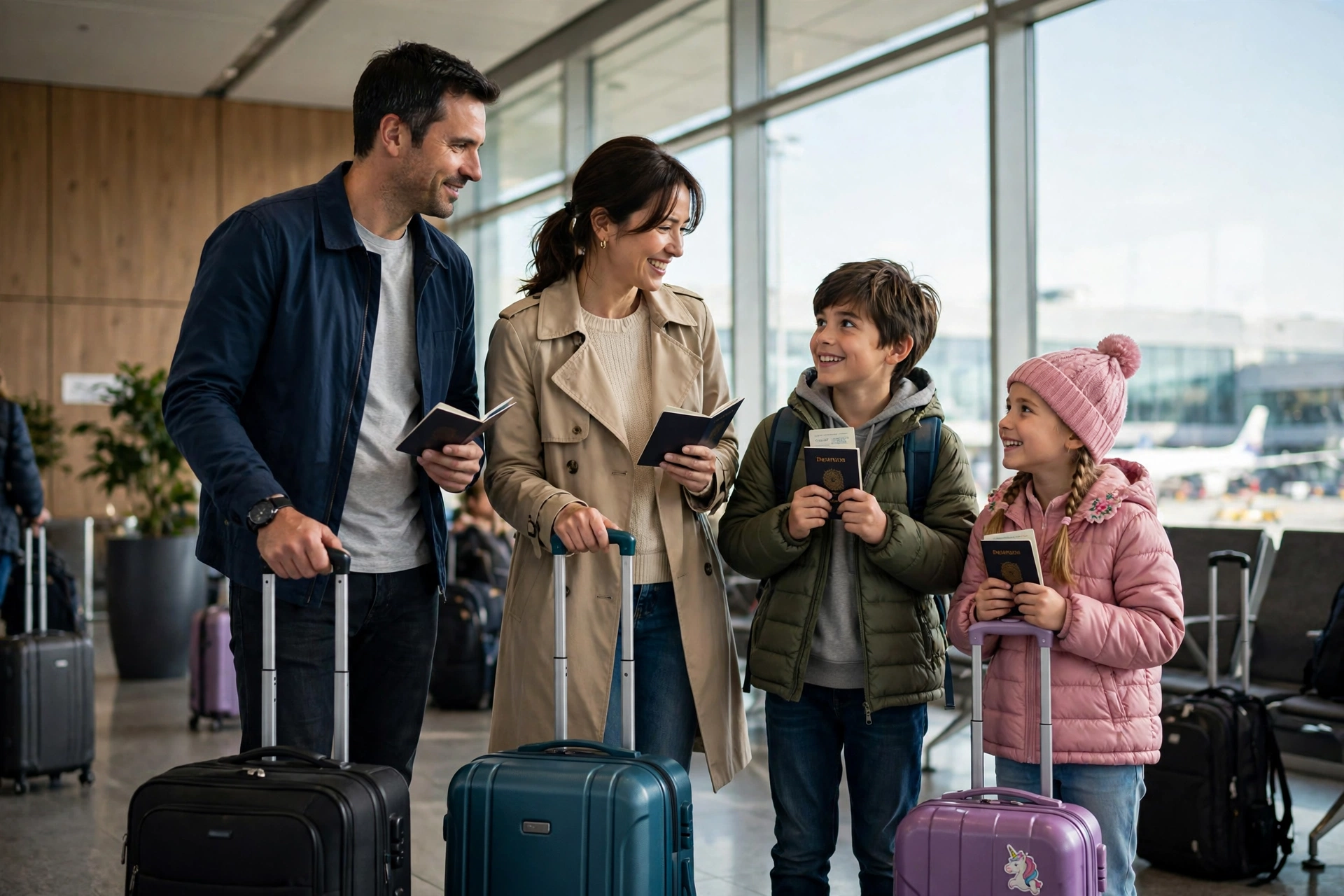 Family with suitcases and passports at an airport departure hall