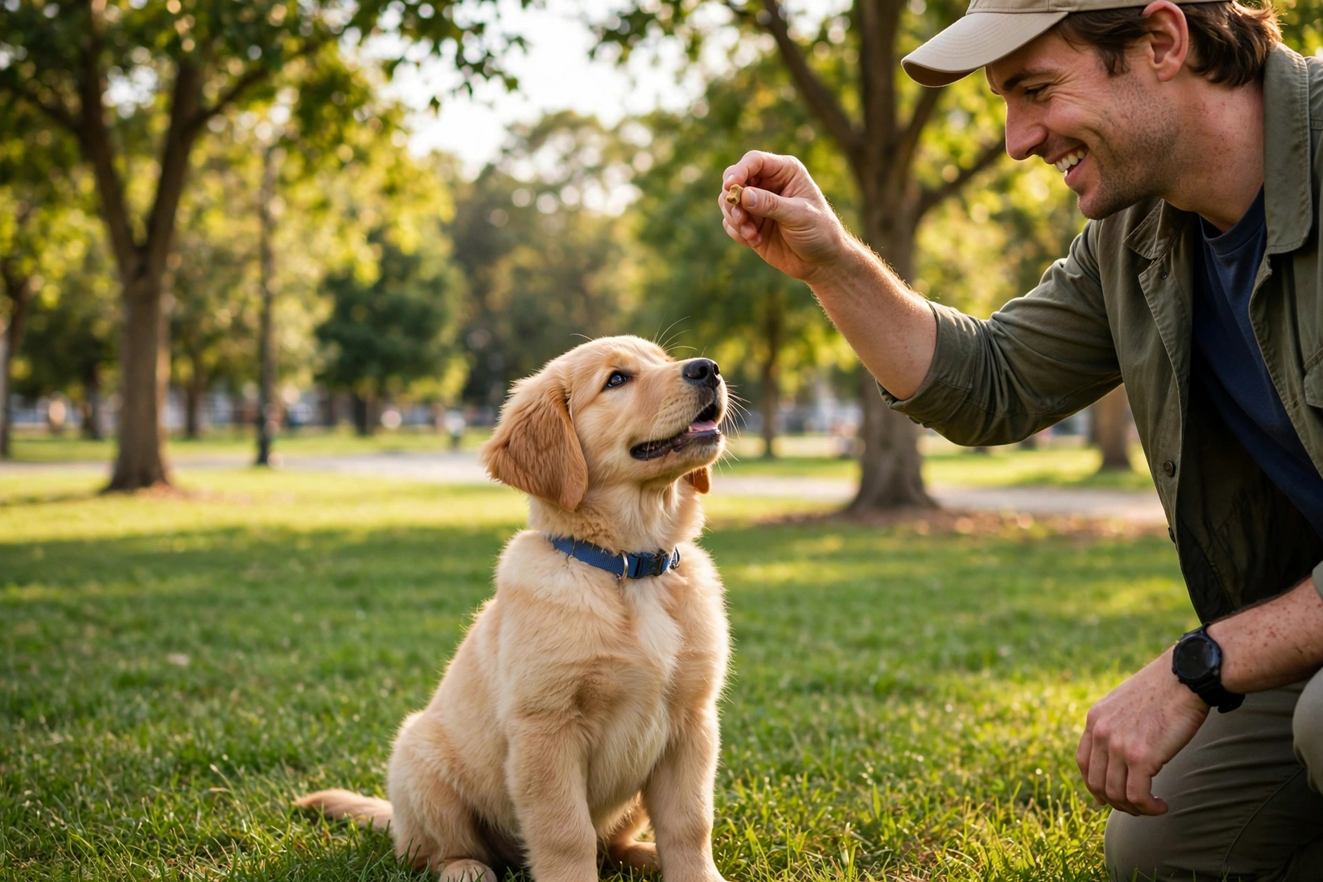 Golden retriever puppy sitting during a training session in the park