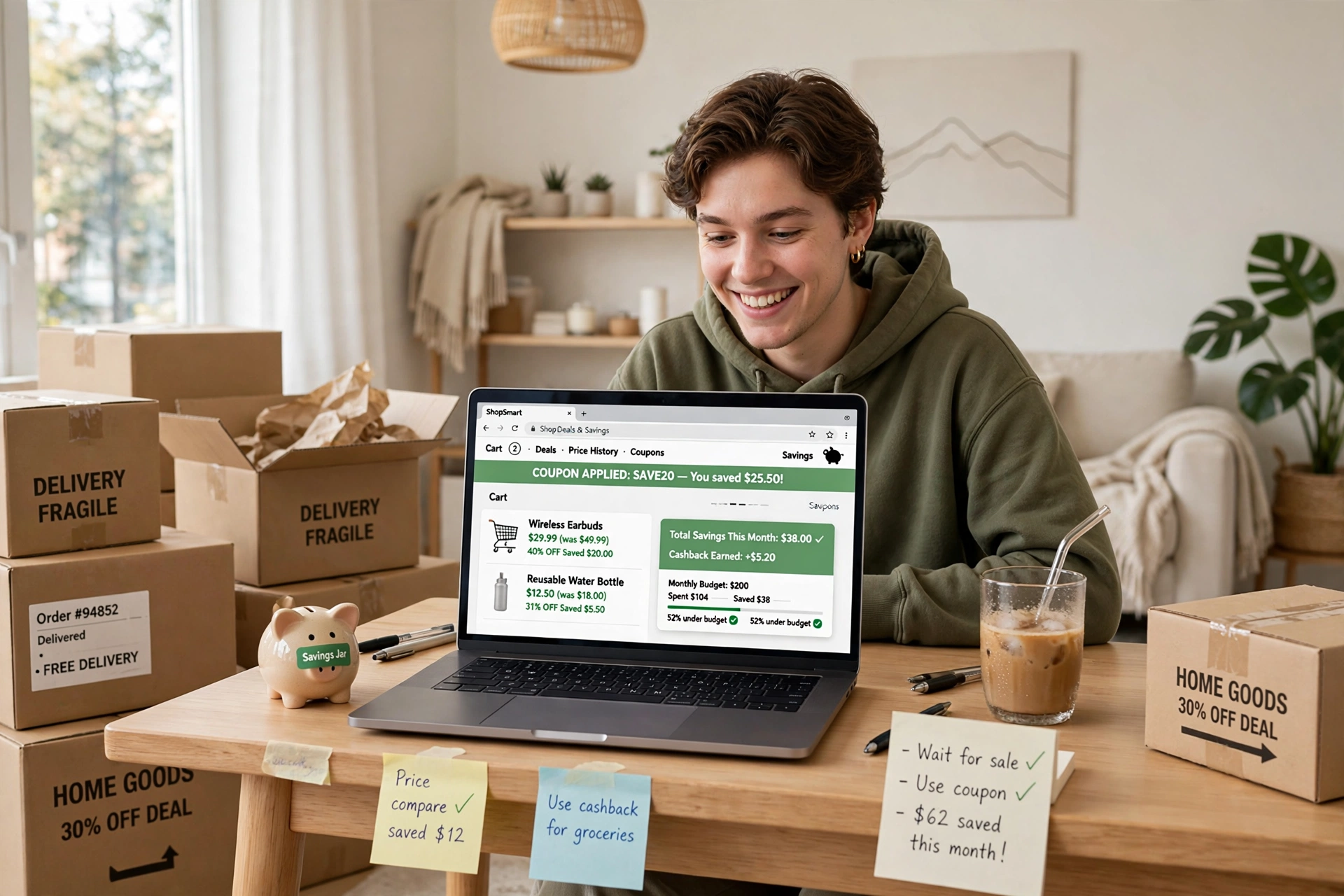 Person shopping online on a laptop at home with delivery boxes nearby