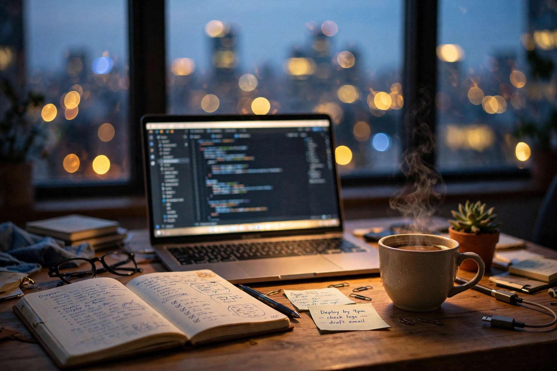 Home office desk at dusk with a glowing laptop and notebook