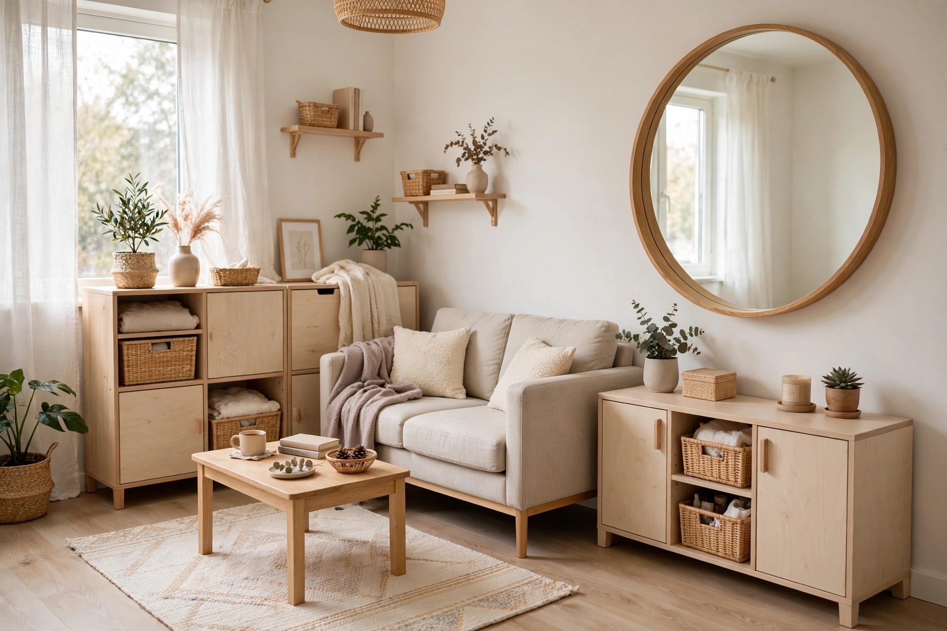 Bright small living room with compact sofa, mirror, and smart storage