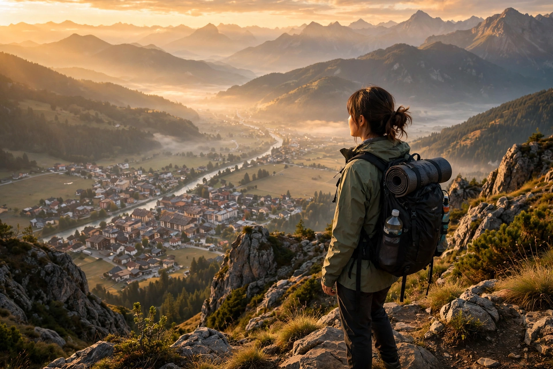 Solo traveler with a backpack overlooking mountains at sunrise on a first solo trip