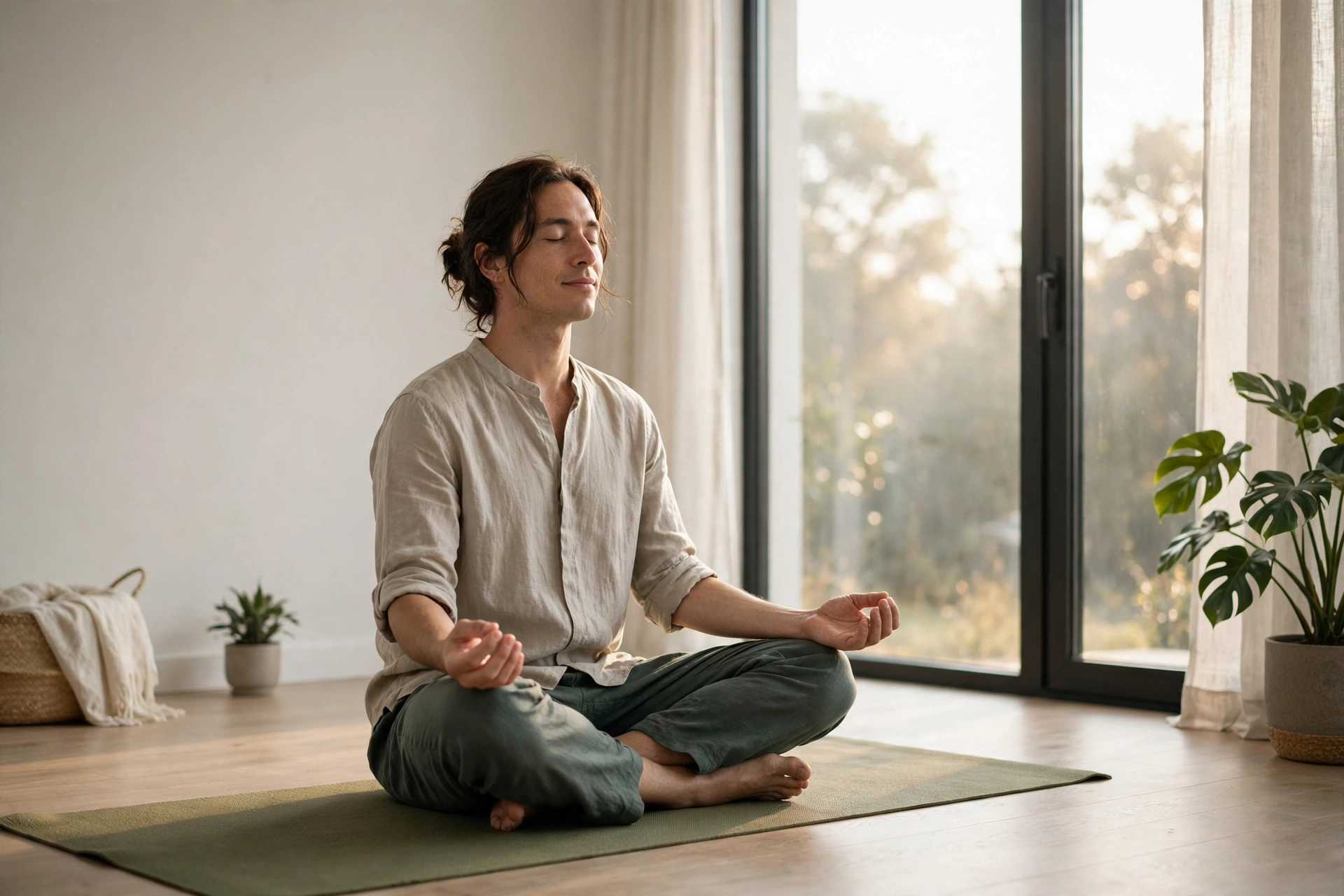 Person meditating by a bright window for stress relief
