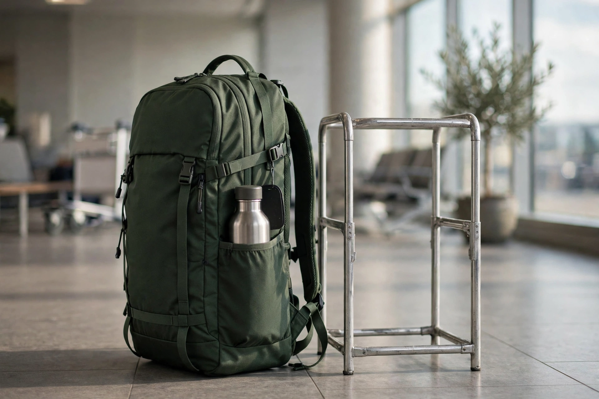 Travel backpack standing next to an airport carry-on size frame
