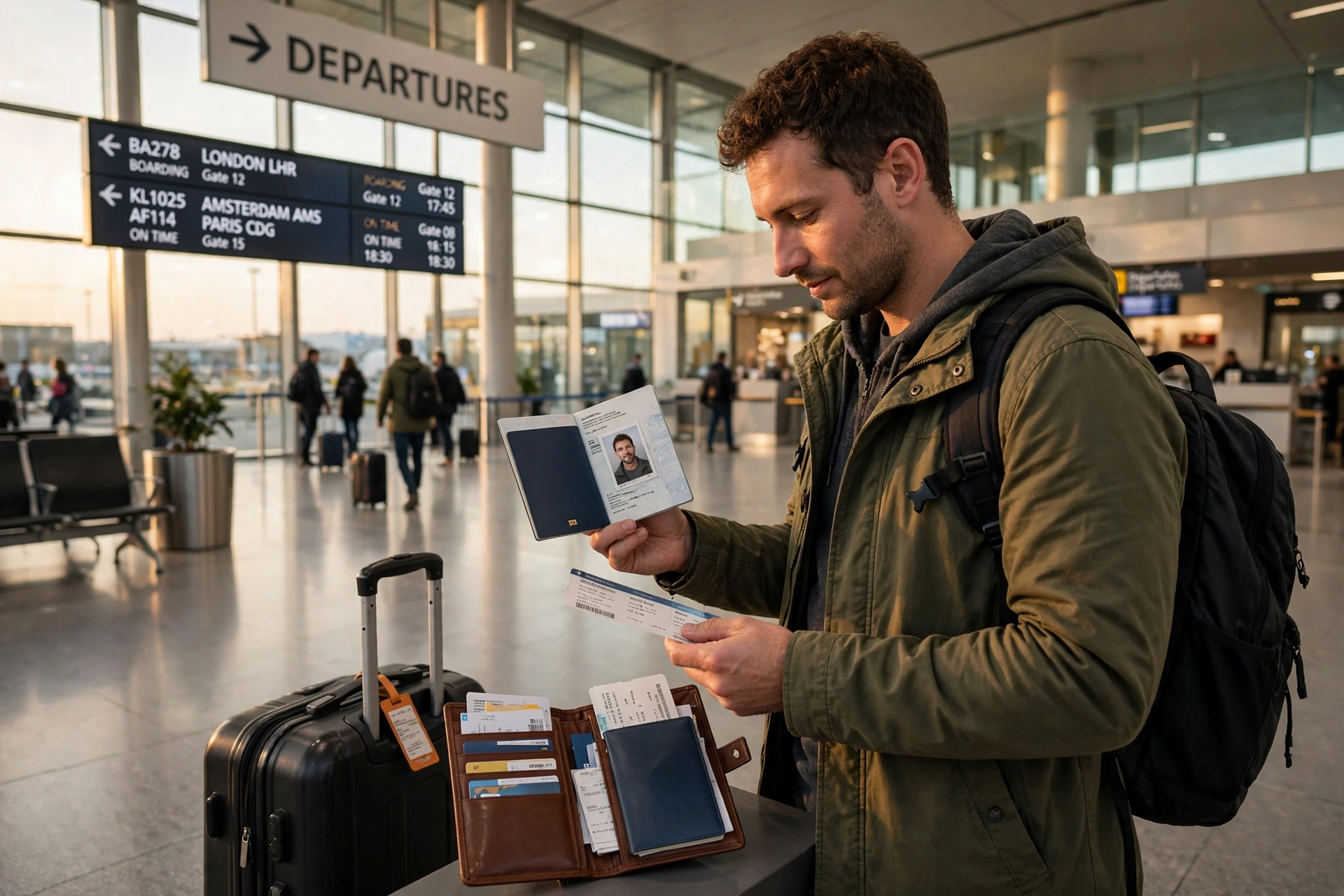 Traveler at an airport holding a passport and boarding pass with a travel document wallet