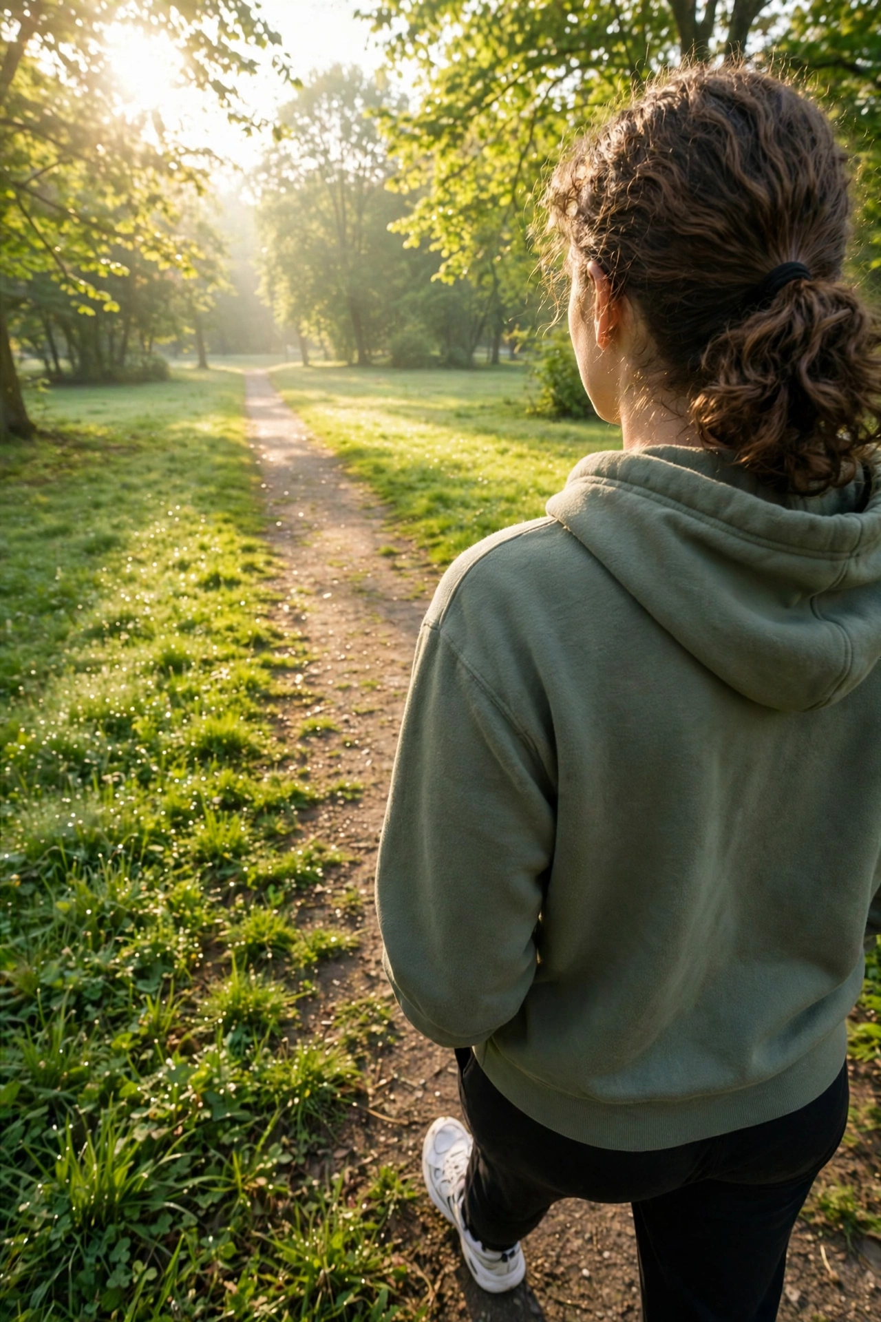 Person walking in sneakers on a sunlit park path in the morning